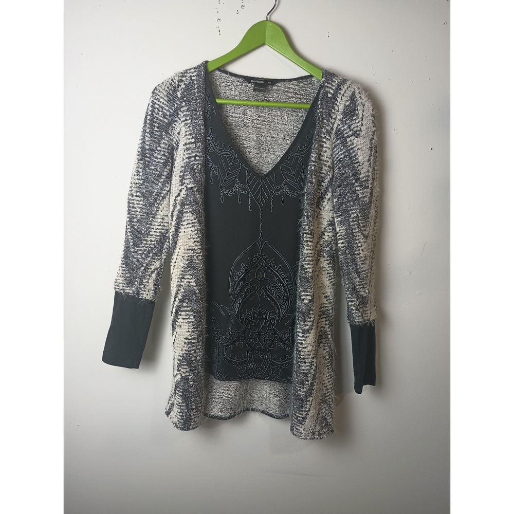 Desigual Womens XS Black White Chevron Knit Embroidered Layered Cardigan Sweater